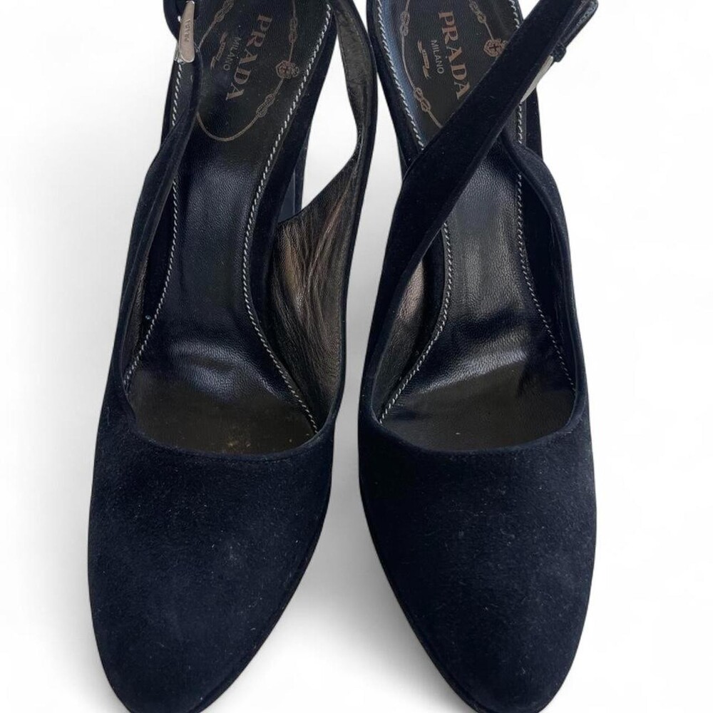 Vintage Prada Black Suede Slingback Platform Heels • 37.5 • Made in Italy